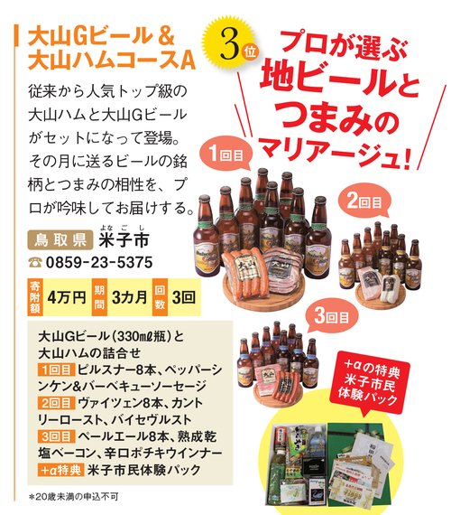 ふるさと納税の返礼品：鳥取県米子市の「大山Gビール＆大山ハムコースA」